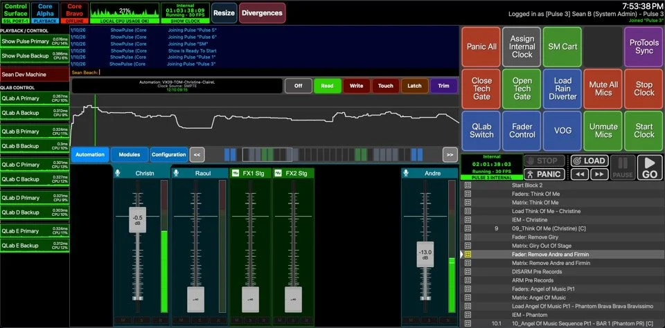ShowPulse live operator interface during a performance of Masquerade, displaying active fader channels for performers including Christine, Raoul, and Andre alongside FX stage channels, a running cue stack for Pulse 3, and a grid of quick-action buttons for functions like Panic All, Mute All Mics, Fader Control, and QLab switching. Timecode reads 02:01:38:03 at 30 FPS.