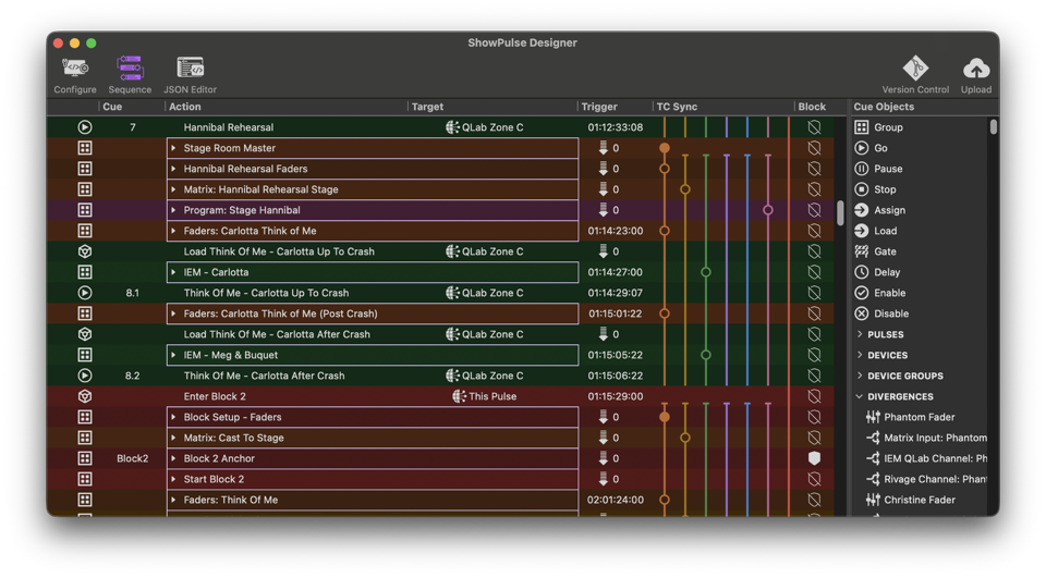 ShowPulse Designer programming interface showing a structured cue sequence for Masquerade, with columns for cue number, action, target (primarily QLab Zone C), timecode trigger, TC sync, and block assignment. Visible cues include Hannibal Rehearsal setup, multiple "Think Of Me" variations for different cast members (Carlotta Up To Crash, Carlotta After Crash), and the beginning of Block 2. The Cue Objects panel on the right lists available action types, and a Divergences section shows linked parameters including Phantom Fader, Matrix Input, IEM QLab Channel, Rivage Channel, and Christine Fader.